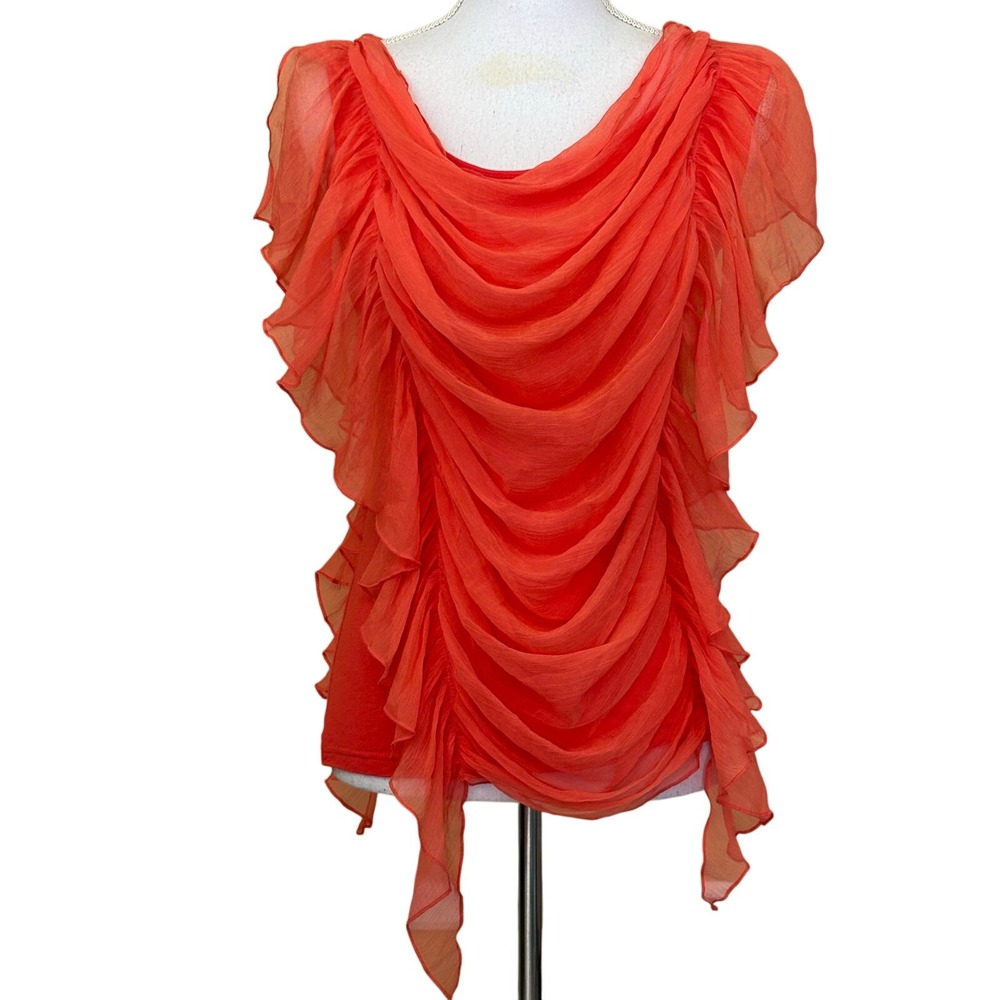 Ryu Large Coral Draped Chiffon Ruffle Statement Top Romantic Dramatic Artsy